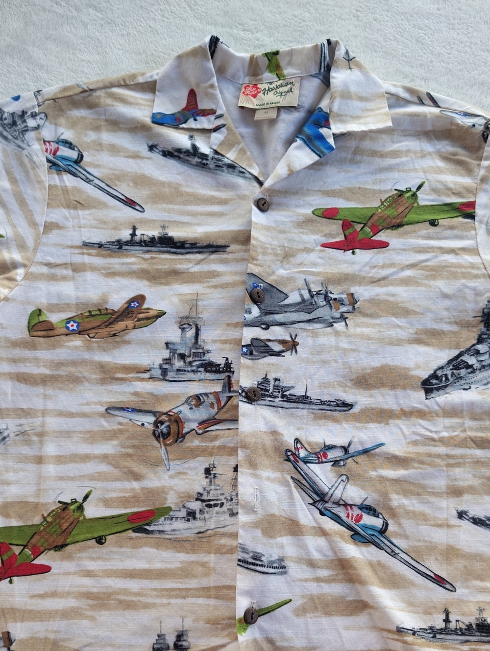 Hilo Hattie Beige Short-Sleeve Camp Shirt with Multicolor Airplane Print